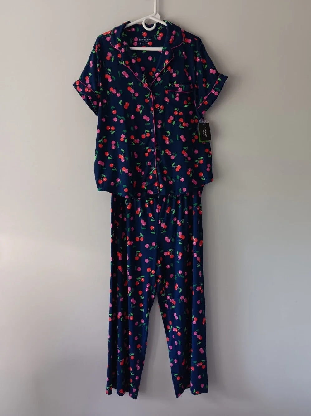 Kate Spade Short Sleeve Pajama Pant Set 2 Pc Red Pink Cherries Indigo Blue XL